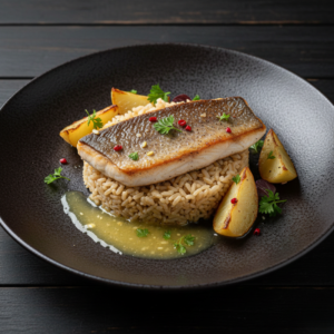 Plat : pavé de truite, riz et légumes